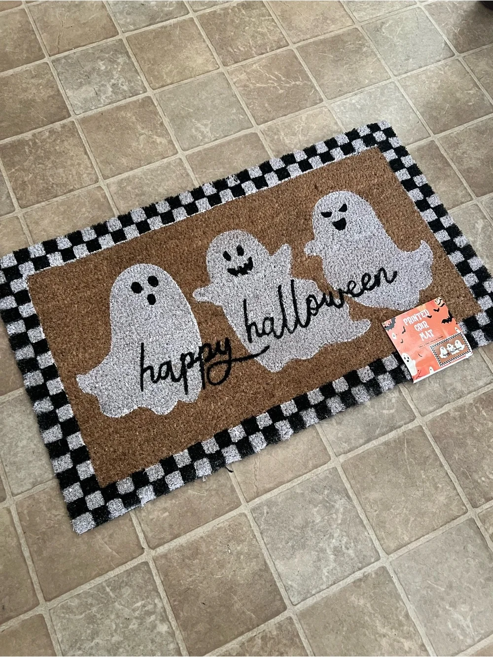 Happy Halloween Checkered Ghost Printed Coir Doormat - Black, White, Brown